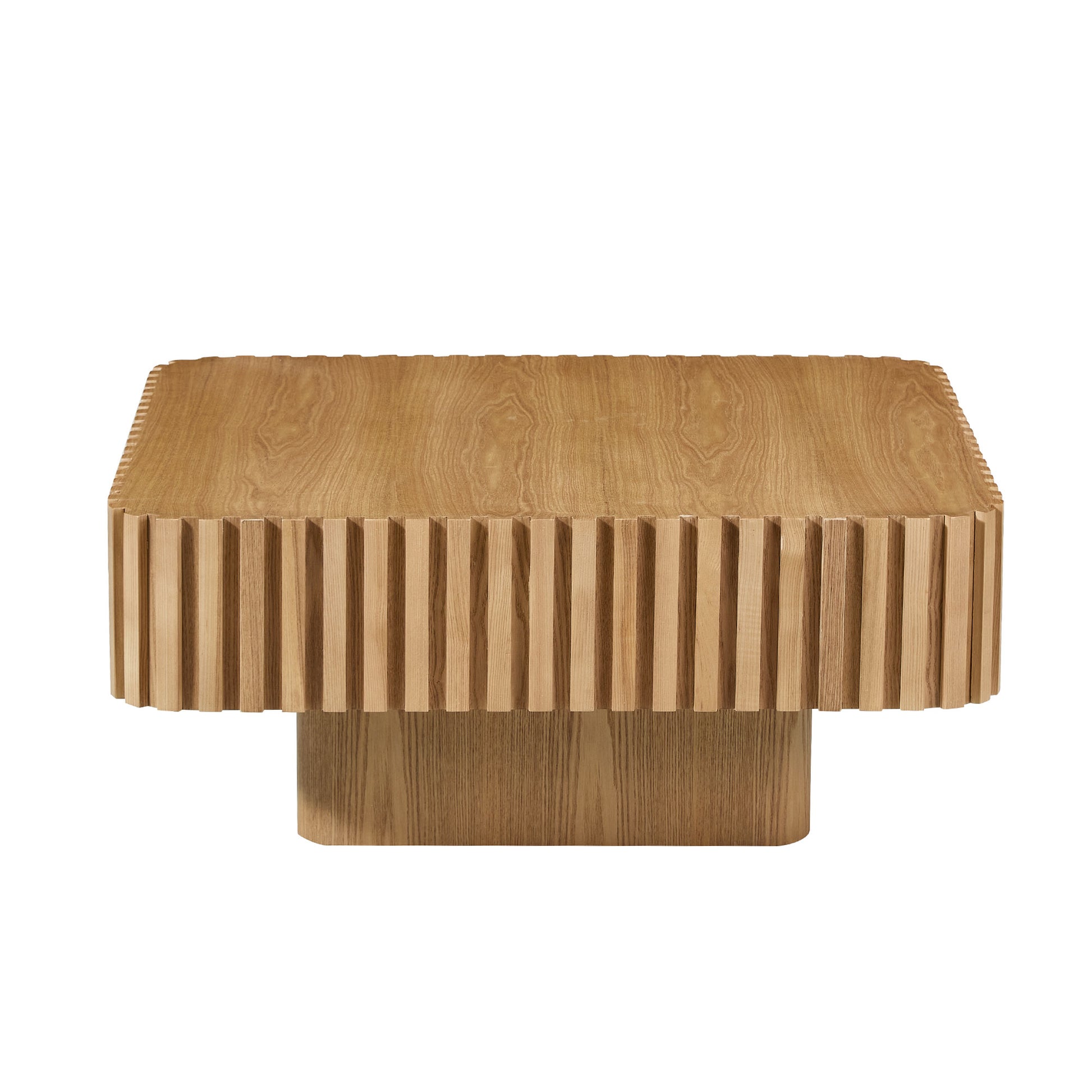 Modern 35.43 Inch Handcraft Drum Coffee Table Square Coffee Table for Living Room,Small Wooden Coffee Table with Sturdy MDF Pedesta,Narual Color image 2