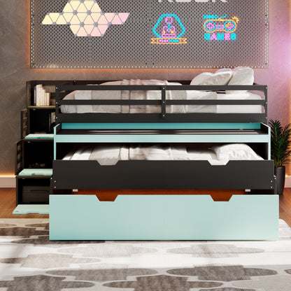 Full XL Loft Bed with Pull-Out Desk and Twin Trundle, Multi-Functional Bunk Bed with 2 Storage Drawers and Storage Steps, Space-Saving Gaming & Workstation Bedframe, Black+Blue image 5