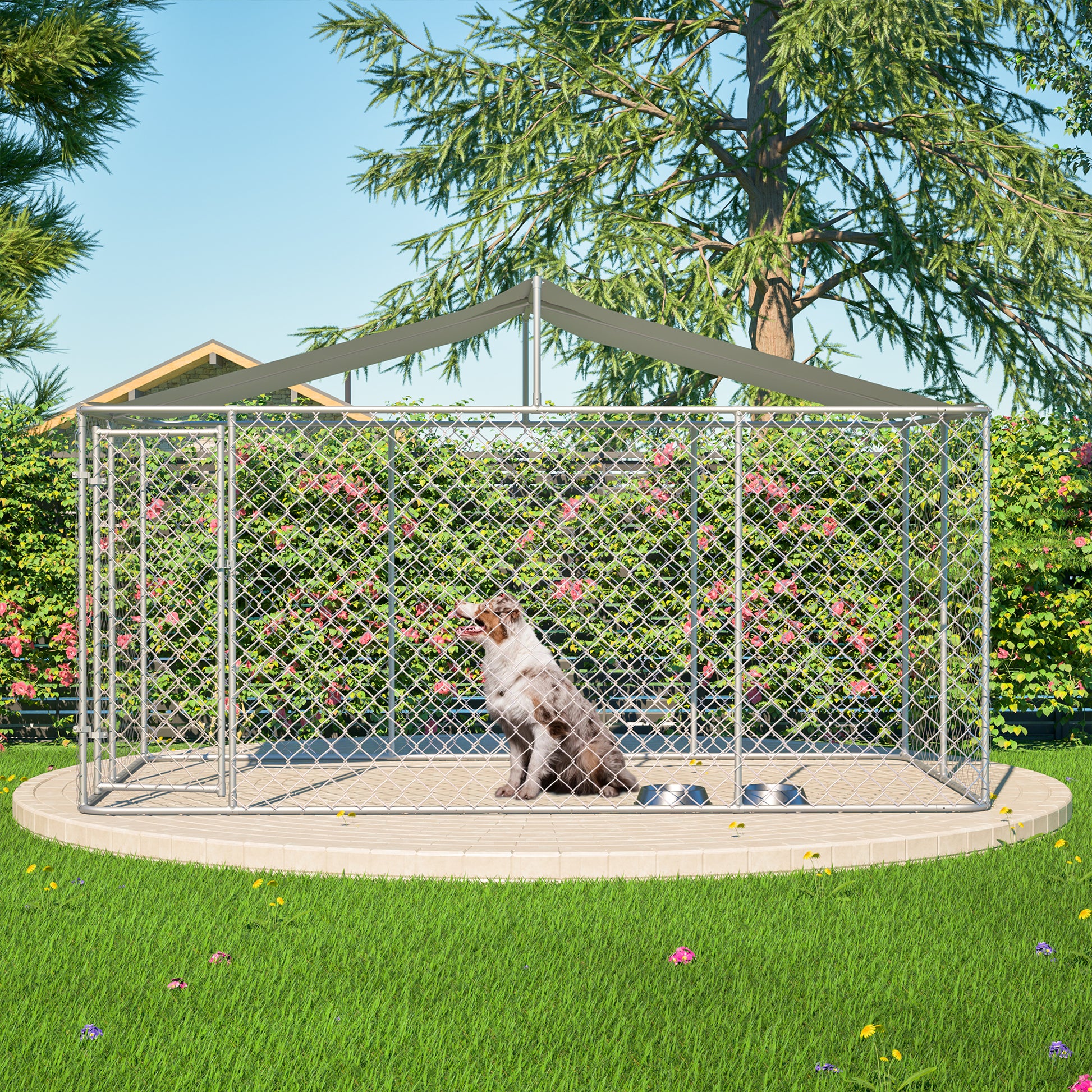 Heavy Duty Outdoor Dog Kennel 13.1x7.5x7.6 ft, Galvanized Chain Link Playpen with Waterproof Anti-UV Cover, Secure Lock, Large Exercise Pen for Puppy & Small Pets image 8