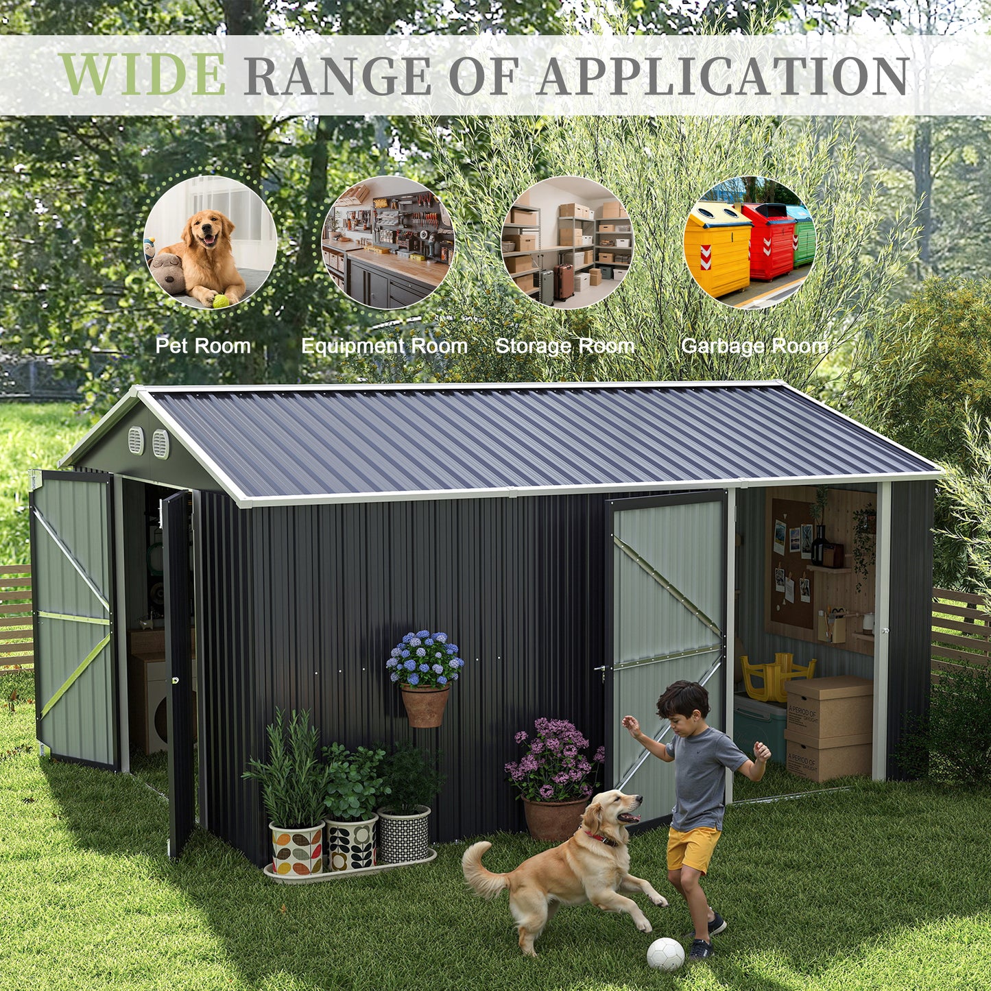 10x12 FT Outdoor Metal Storage Shed, Large Storage Sheds with Sturdy Frame Structure, Metal Garden Tool Shed with Lockable Door for Garden,Gift a foldable flower pot stand, Backyard, Drak gray image 5