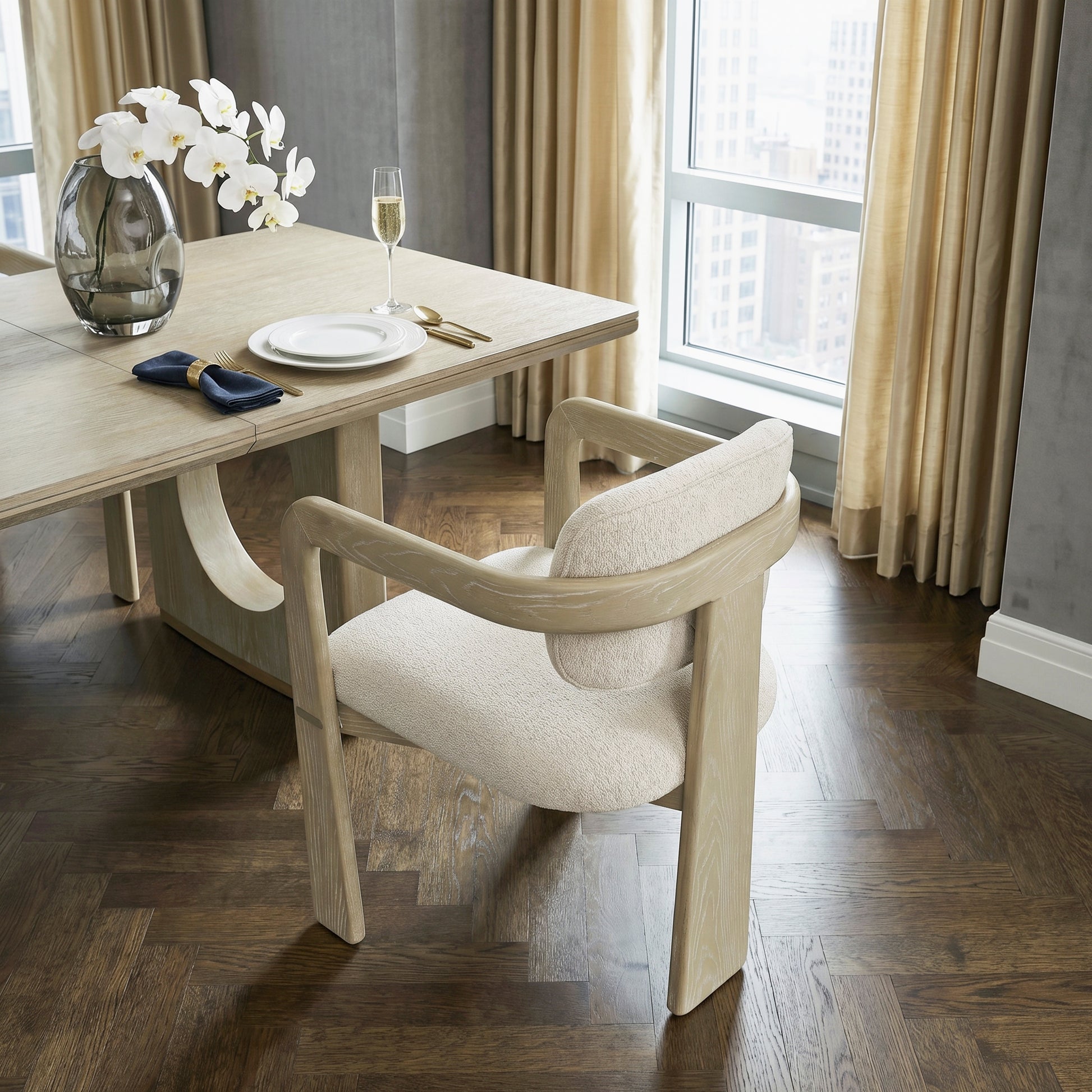 Modern Oak Finish Arm Chairs Set of 2 Beige Fabric Upholstery Curved Backrest Solid Rubberwood Dining Room Furniture image 9