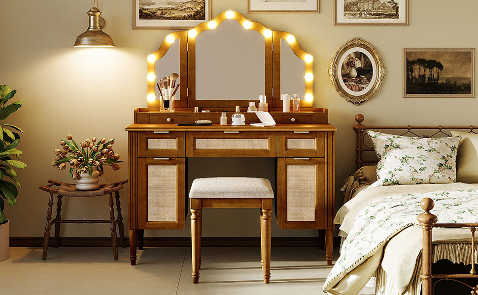 44.37" Makeup Vanity Desk with Stool Set, 13 Hollywood Bulbs & 3 Lighting Modes Dressing Table, Tri-Fold Mirror Large Vanity Table with Cushioned Stool, Charging Station, Ample Storage, Espresso image 8