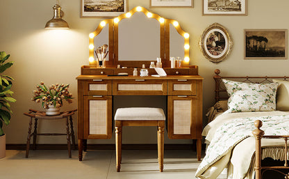 44.37" Makeup Vanity Desk with Stool Set, 13 Hollywood Bulbs & 3 Lighting Modes Dressing Table, Tri-Fold Mirror Large Vanity Table with Cushioned Stool, Charging Station, Ample Storage, Espresso image 8