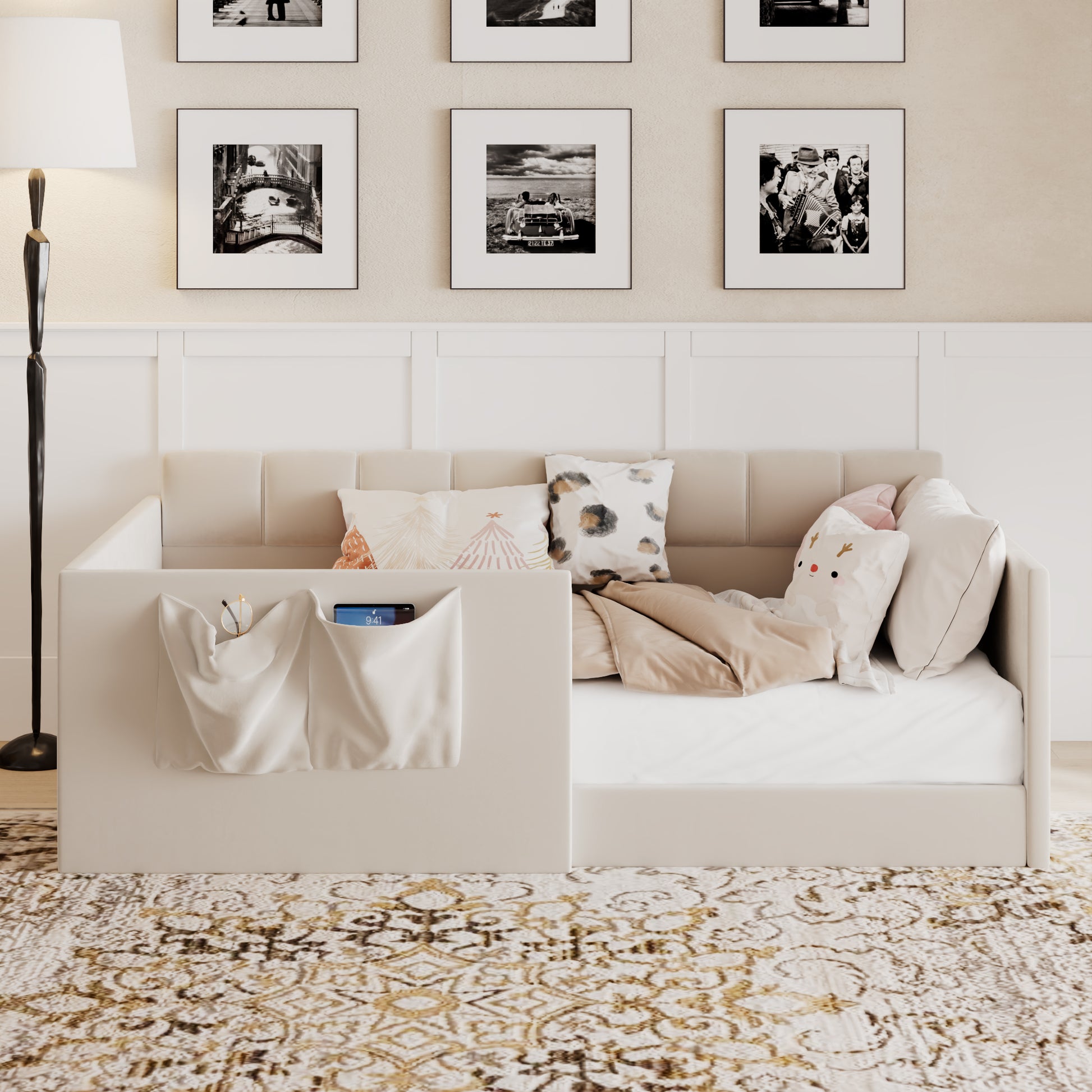 Twin Size Daybed Velvet Upholstered Sofa Bed with High Side Panels and Side Entrance, Space-Saving Guest Bed with Storage Pockets, Beige image 1