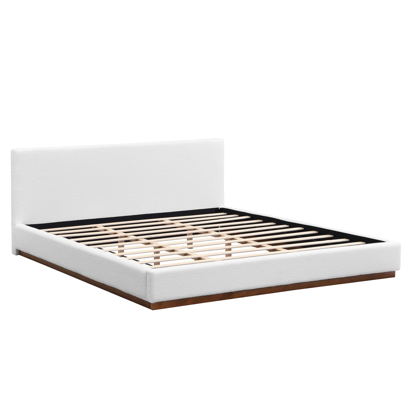 Elegant White Fabric Upholstered Bed With Nice Wood Grain Textured Brown Solid Wood Base Frame,White,King image 3