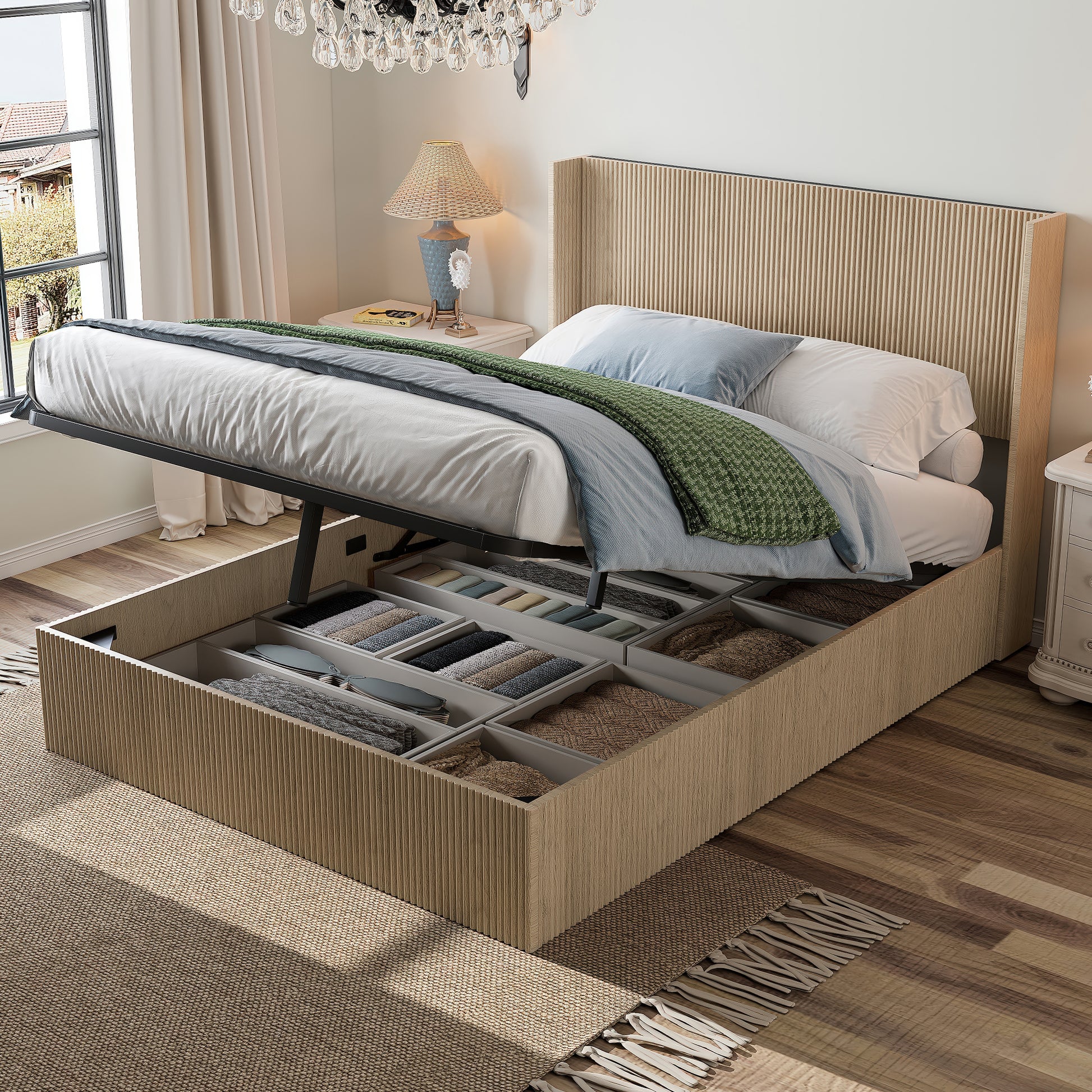 A large raised and undulating storage bed frame with grooves. The wooden platform bed frame has a storage function that can be lifted, without requiring a spring box / no noise. Oak color (Queen) image 2