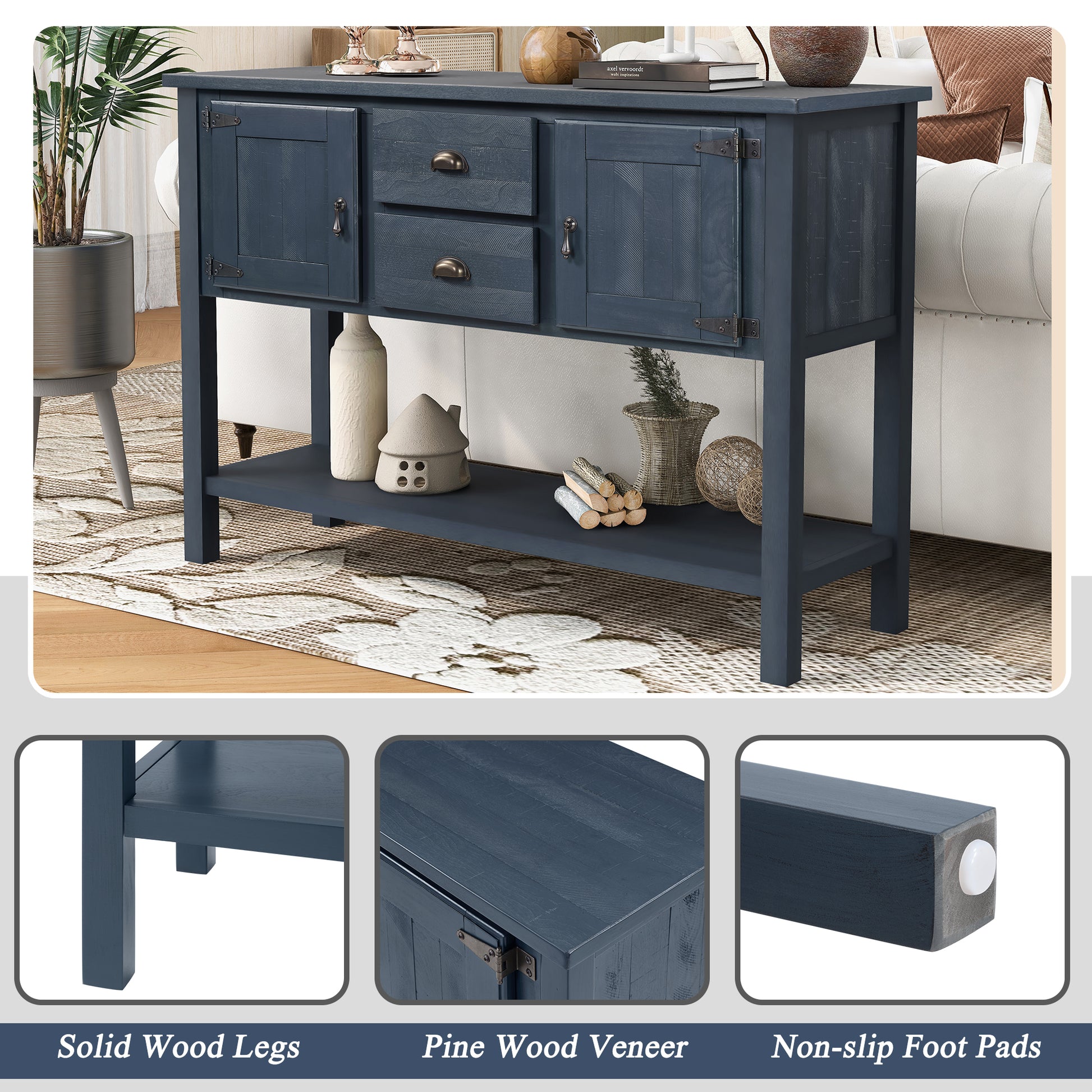 46'' Solid Wood Sideboard Console Table with 2 Drawers and Cabinets and Bottom Shelf, Retro Style Storage Dining Buffet Server Cabinet for Living Room Kitchen Dining Room(Navy Blue) image 8