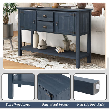46'' Solid Wood Sideboard Console Table with 2 Drawers and Cabinets and Bottom Shelf, Retro Style Storage Dining Buffet Server Cabinet for Living Room Kitchen Dining Room(Navy Blue) image 8