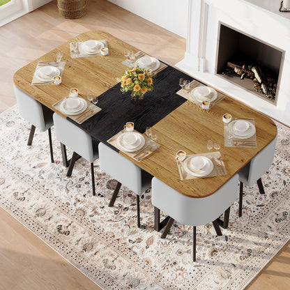 9-Piece Square Dining Table Set, Fixed Two-Tone Wood Grain & Black Wood Grain Triamine Tabletop with 8 Gray PU Leather Chairs, Modern Kitchen Table Set for 8 People, Ideal for Family Gatherings image 4