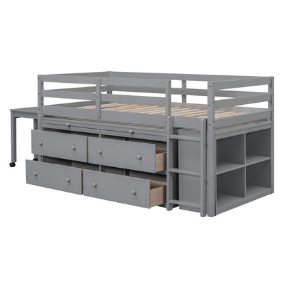 Twin Size Loft Bed with Retractable Writing Desk and 4 Drawers, Wooden Loft Bed with Lateral Portable Desk and Shelves, Gray image 6