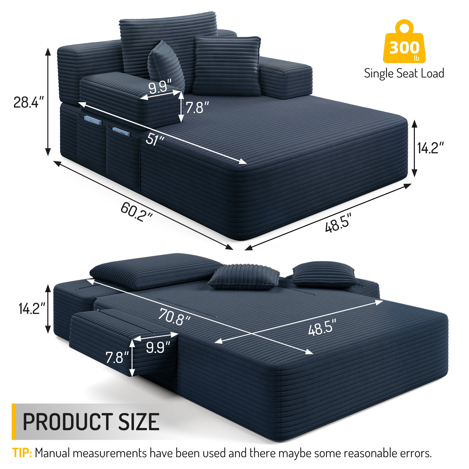 Luxurious Plush Corduroy Chaise Lounge with 3 Pillows, Convertible Sofa Bed with Storage Pocket, Frameless Design & Compression Foam for Small Spaces, Living Room, Apartment,Blue image 2