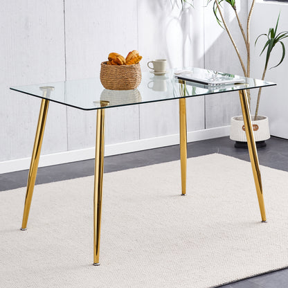 Modern Minimalist Rectangular Glass Dining Table for 4-6 with 0.31" Tempered Glass Tabletop and Golden plating Metal Legs, Writing Table Desk, 51" *31"*30".W1151S03746/W1151S03724 image 1