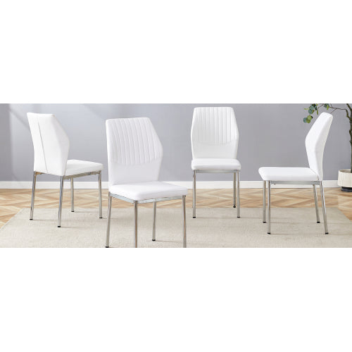 Luxury Simple Chair - Set of 4 White PU Material High Resilience Dining Chair with Metal Silver Leg.The Chair Back Has a Vertical Stripe Design With Smooth And Uniform Lines. image 11