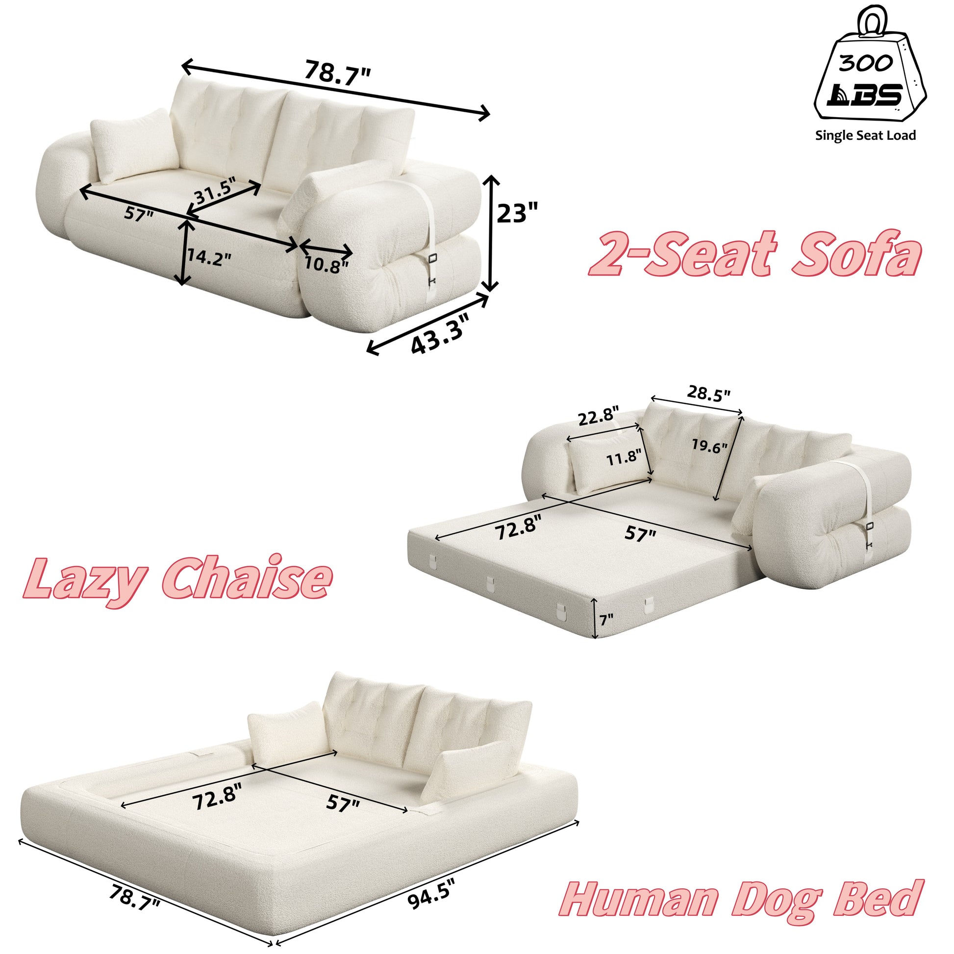 Human Dog Bed, Lazy Sofa Couch, 78.7" Multi-Functional Foldable Sofa Bed, 3-in-1 Sherpa Fleece Fabric Foam-Filled Sleeper Sofa Bed for Living Room,Guest Bed,Playroom,GREY image 9