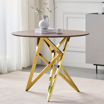 37Inch Round Dining Table, Small Round Kitchen Table With Golden Metal Legs, Suitable For 2 To 4 People, Modern Dining Room Table, Brown, Walnut Color. image 2