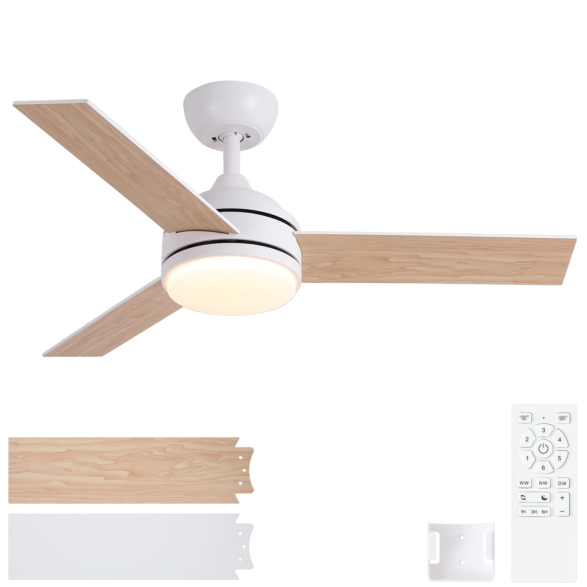 42 in. Indoor White Ceiling Fan with Intergrated LED Light Kit with Remote Control, 3 Plywood Blades and Work with Smart APP image 1