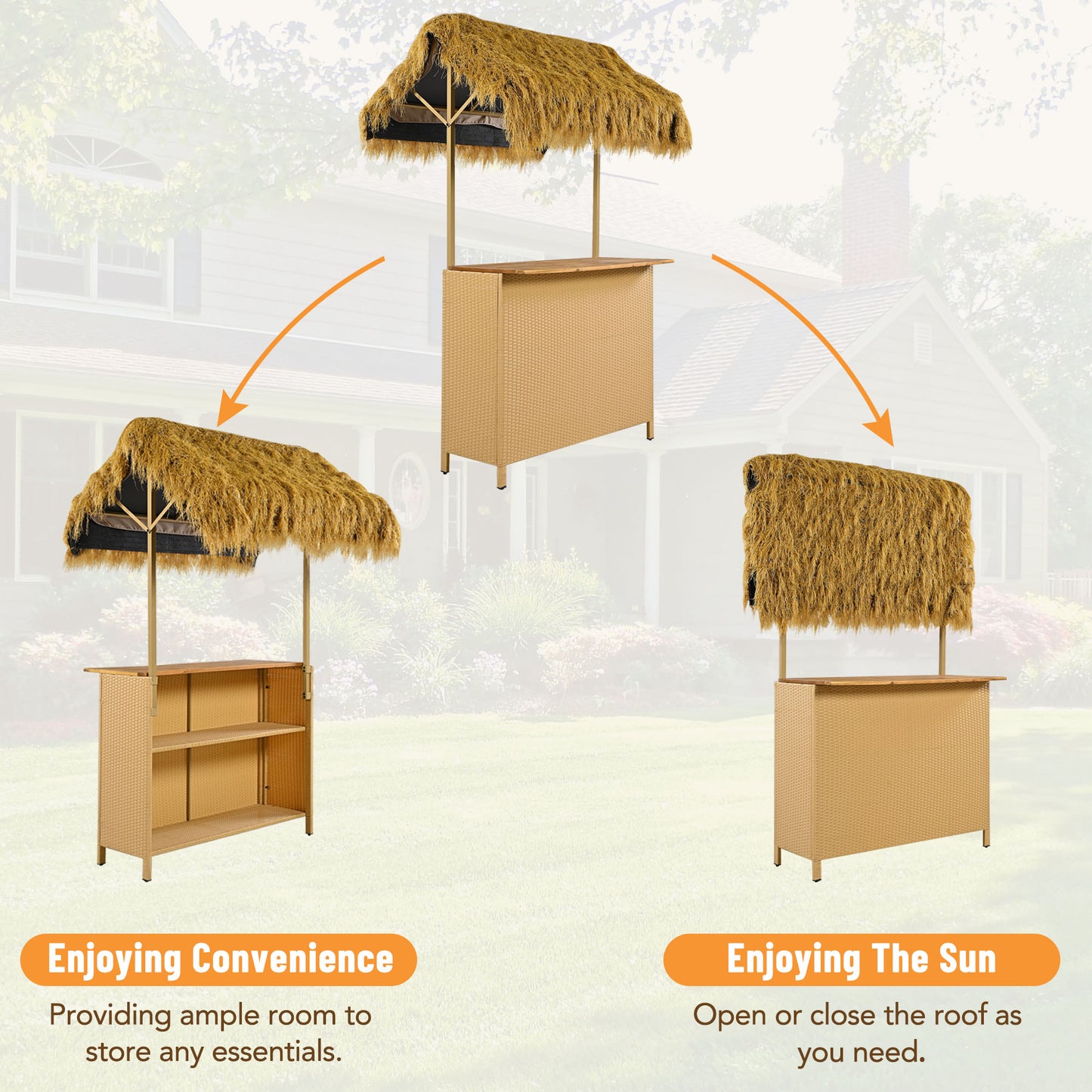 GO Hawaiian-style Bar Height Patio Set with PE Grass Canopy, Outdoor Bar Table and Stools with Adjustable Feet, Acacia Wood Top, for Dining and Drinking, Natural image 4
