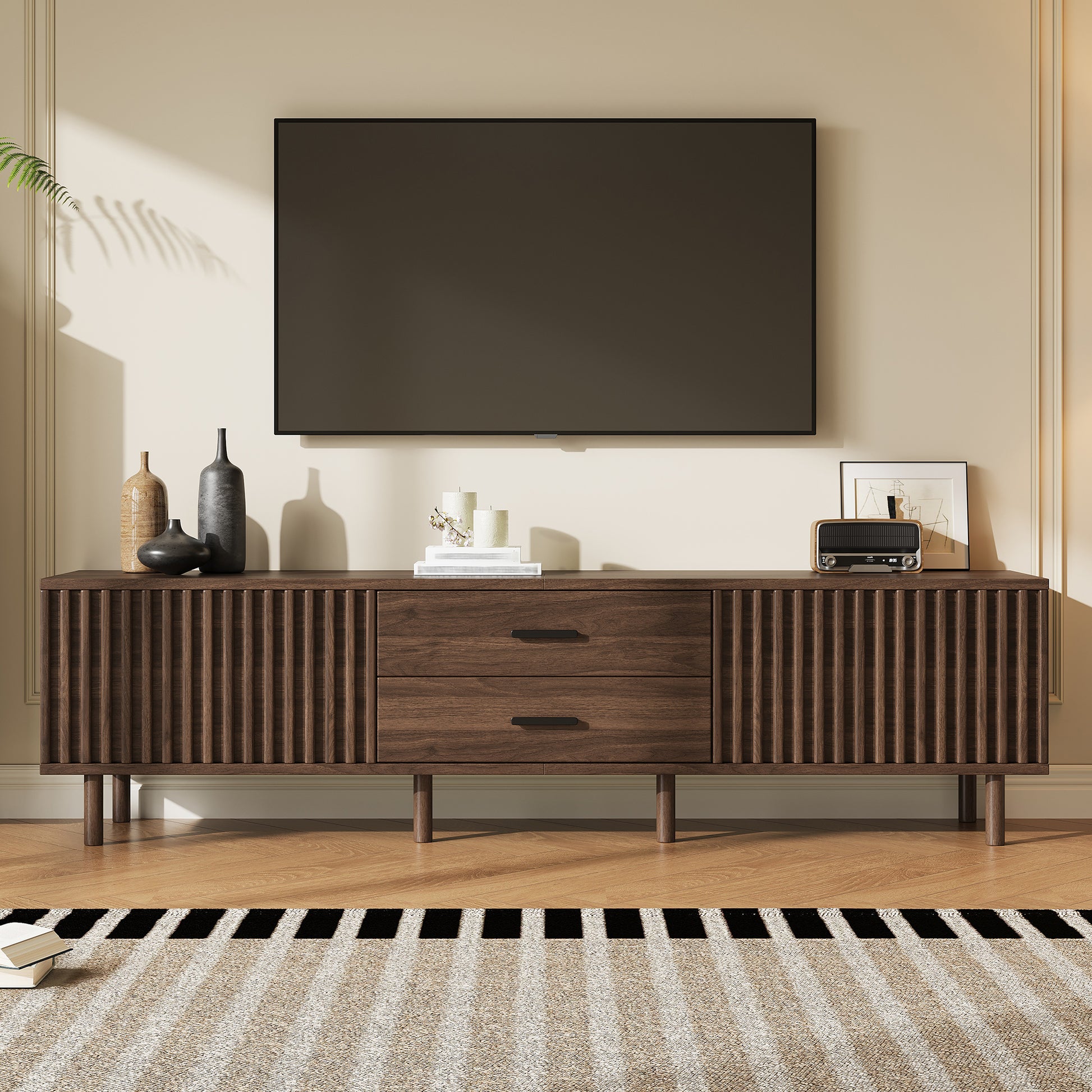 70inch Modern TV Stand for TVs up to 80 inches for Living Room, Media Entertainment Center with Ample Storage & Solid-Wood Legs image 1