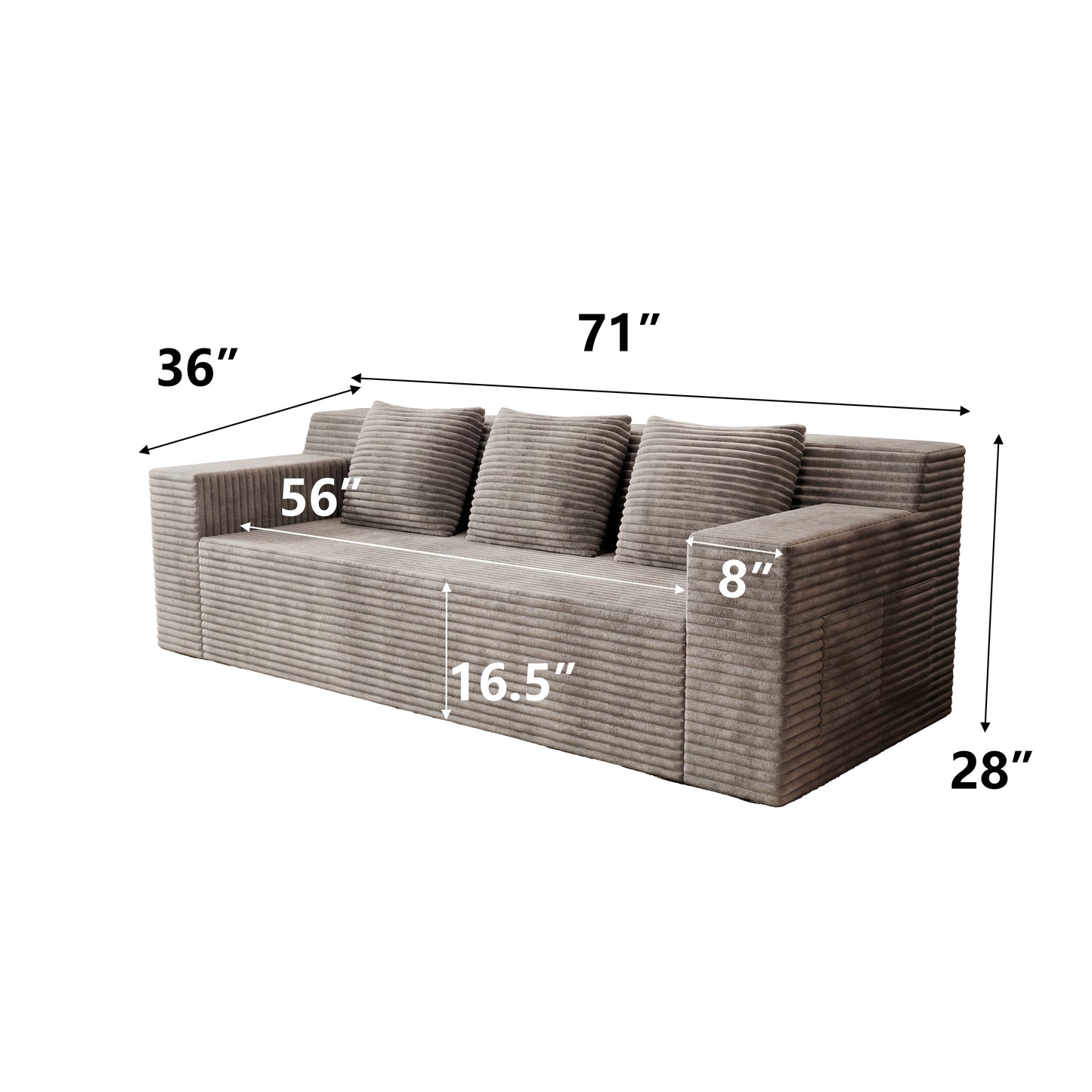 71" 3Setaser Sofa,Corduroy Fabric,Deep Seat Couches,Comfy Loveseat Sofa,No Assembly,1pcs for Living room, Bedroom,Conference room,Apartment image 2