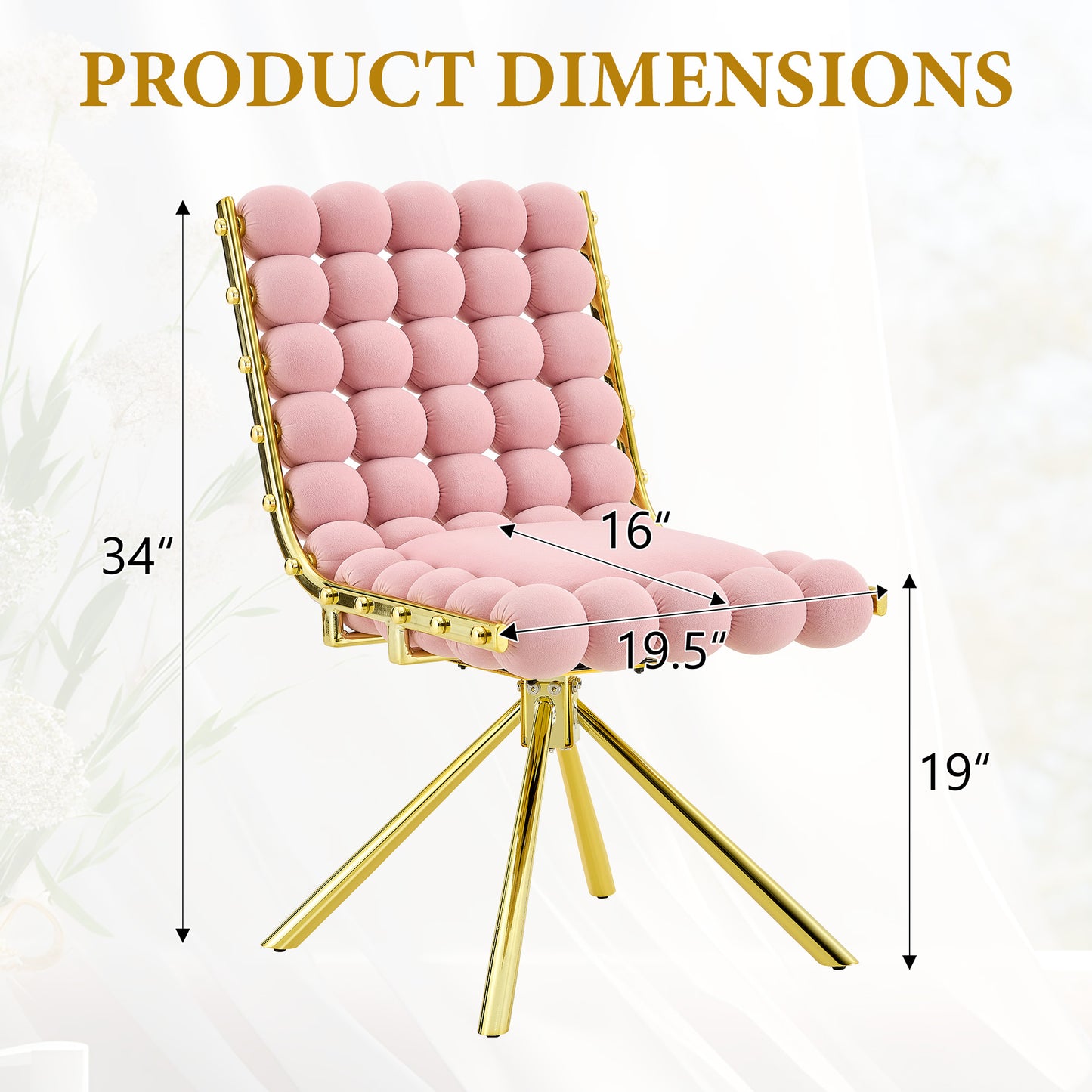 Set of 2 Modern Pink Bubble Tufted Accent Chair, Plush Velvet Swivel Chair with Gold Metal Legs, Ergonomic Armless Chair for Living Room, Bedroom & Dining Area image 7