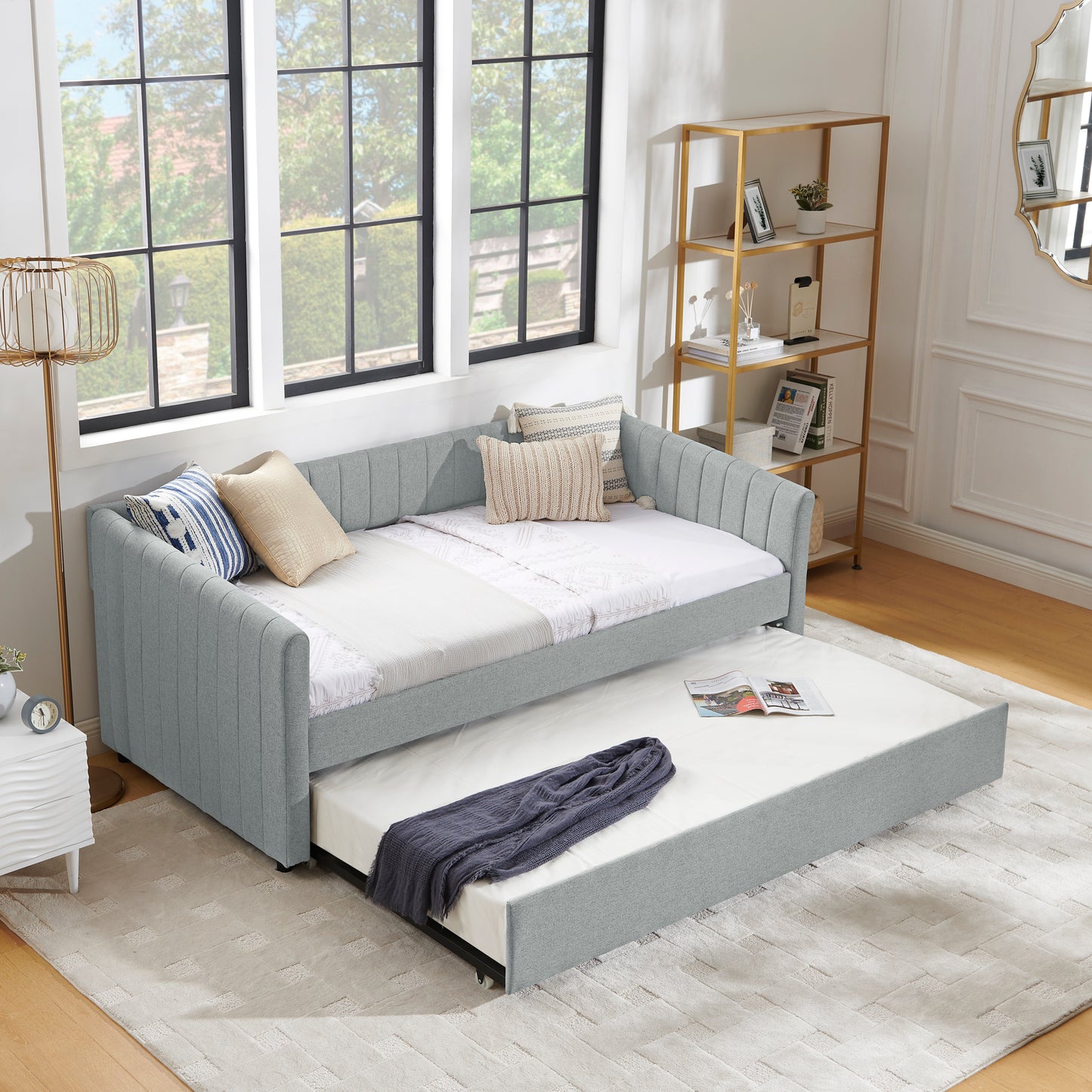 Twin Size Daybed with Trundle Upholstered Sofa Bed, with Vertical Stripes, Linen Fabric, Grey (82.5"x43"x30") image 7