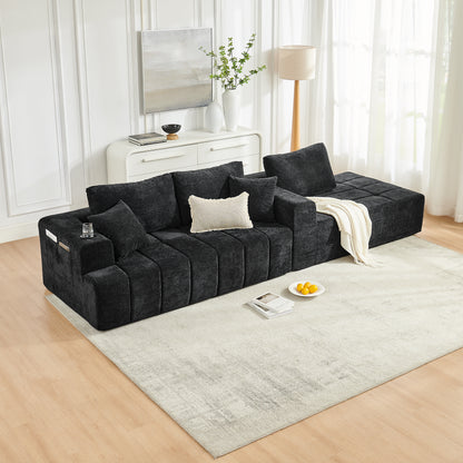 108" L-Shaped Chenille Sectional Sofa, Cloud Style Boneless Sofa with Chaise, Modern Upholstered Couch with Cup Holders & Side Pockets, Compression Sofa for Living Room, No Assembly Required, Black image 3