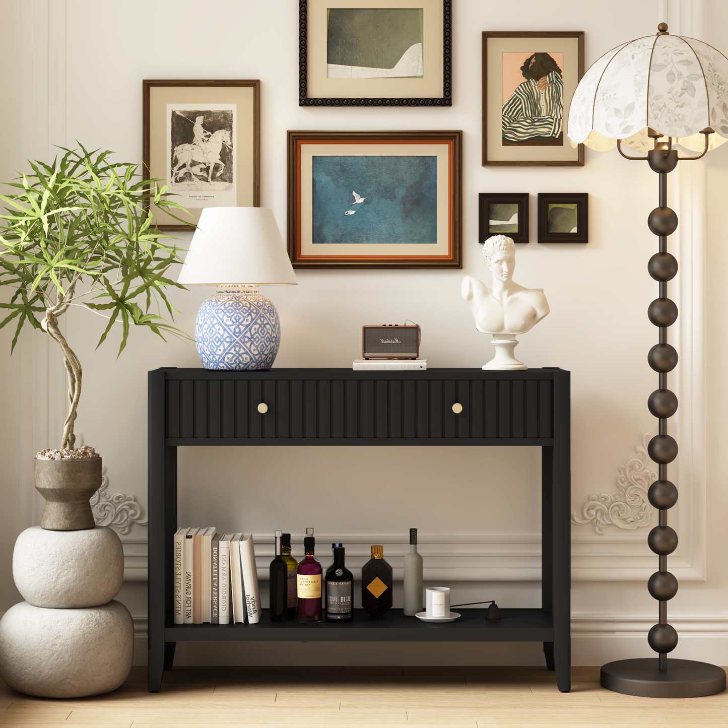 29.53" Tall Console Table with Drawers, Narrow Wood Accent Sofa Table Entryway Table with Storage Shelf for Entryway, Front Hall, Hallway, Living Room, Black image 6