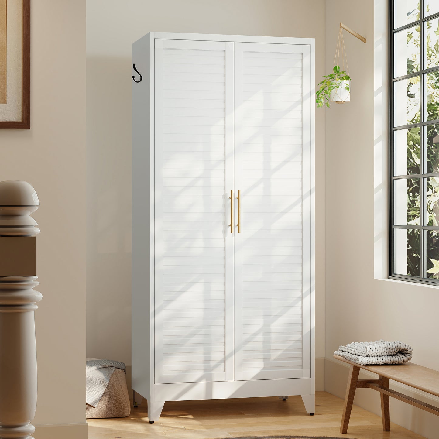 White Metal Wardrobe Closet with 2 Doors, 71″ Tall Portable Storage Cabinet for Bedroom, Lightweight Closet for Small Apartments, Dorm, Renters, Cold Rolled Steel, Easy Assembly image 11