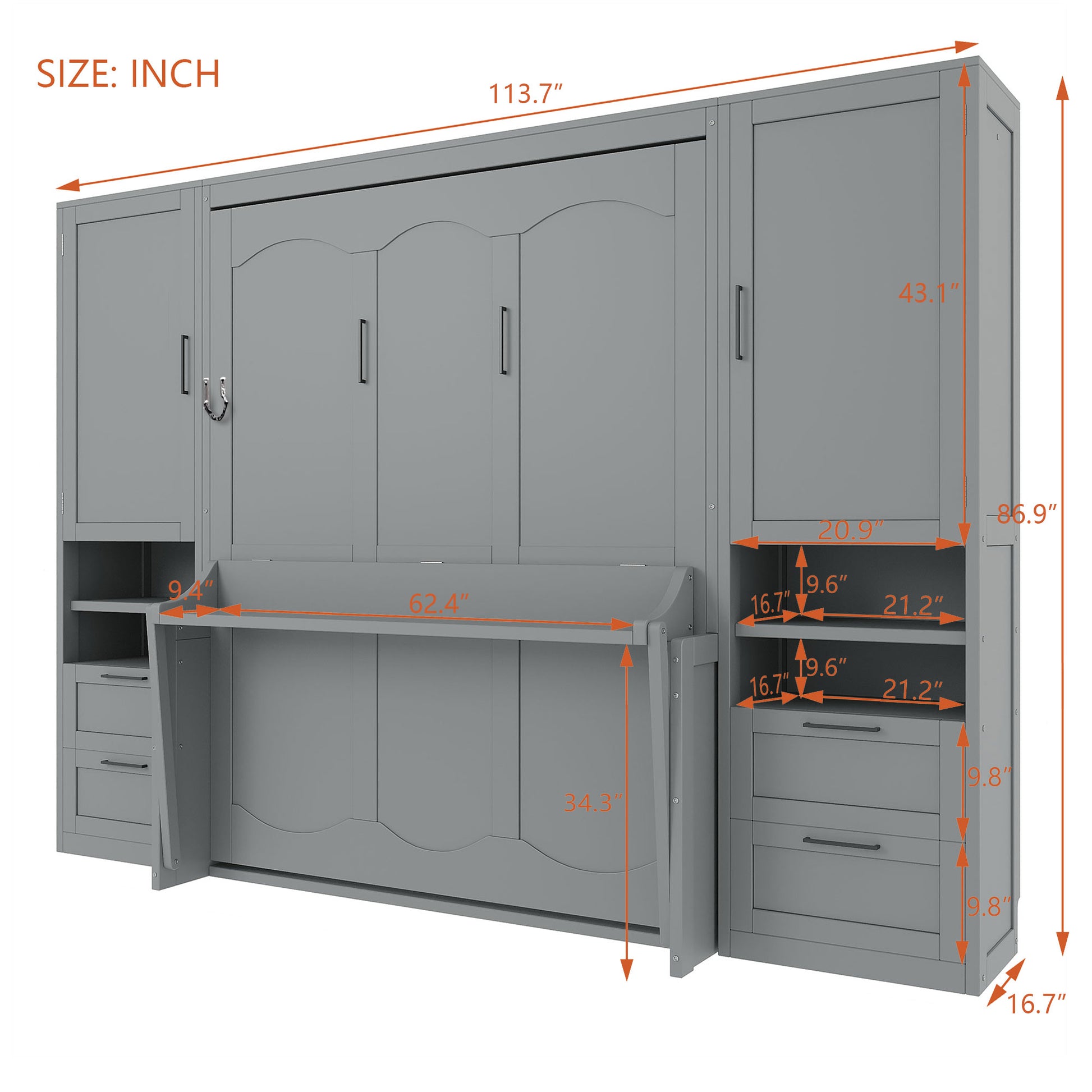 Queen Size Murphy Bed Wall Bed with Closet,Drawers and Shelves,Gray(OLD SKU:LP000909AAE-2) image 8