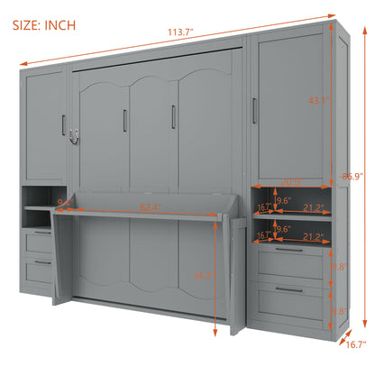 Queen Size Murphy Bed Wall Bed with Closet,Drawers and Shelves,Gray(OLD SKU:LP000909AAE-2) image 8