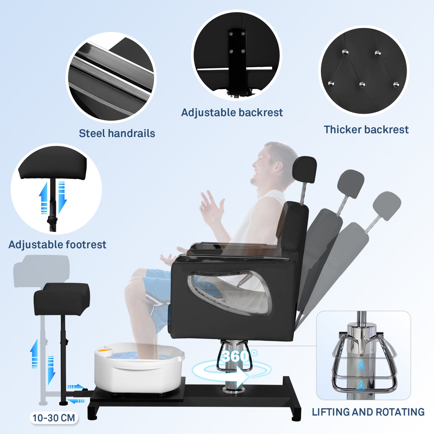 Pedicure Chair No Plumbing,Reclining Pedicure Station Unit with Adjustable Height and 360 Swivel,Hydraulic Foot Spa Chiar with Footrest and Massage Foot Bath, Black image 4