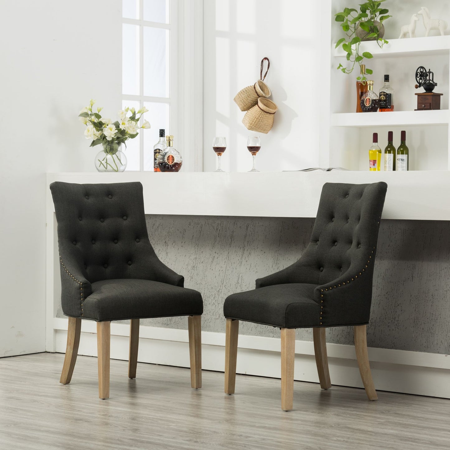 Charcoal Button Tufted Solid Wood Wingback Hostess Chairs with Nail Heads Set of 2 image 1