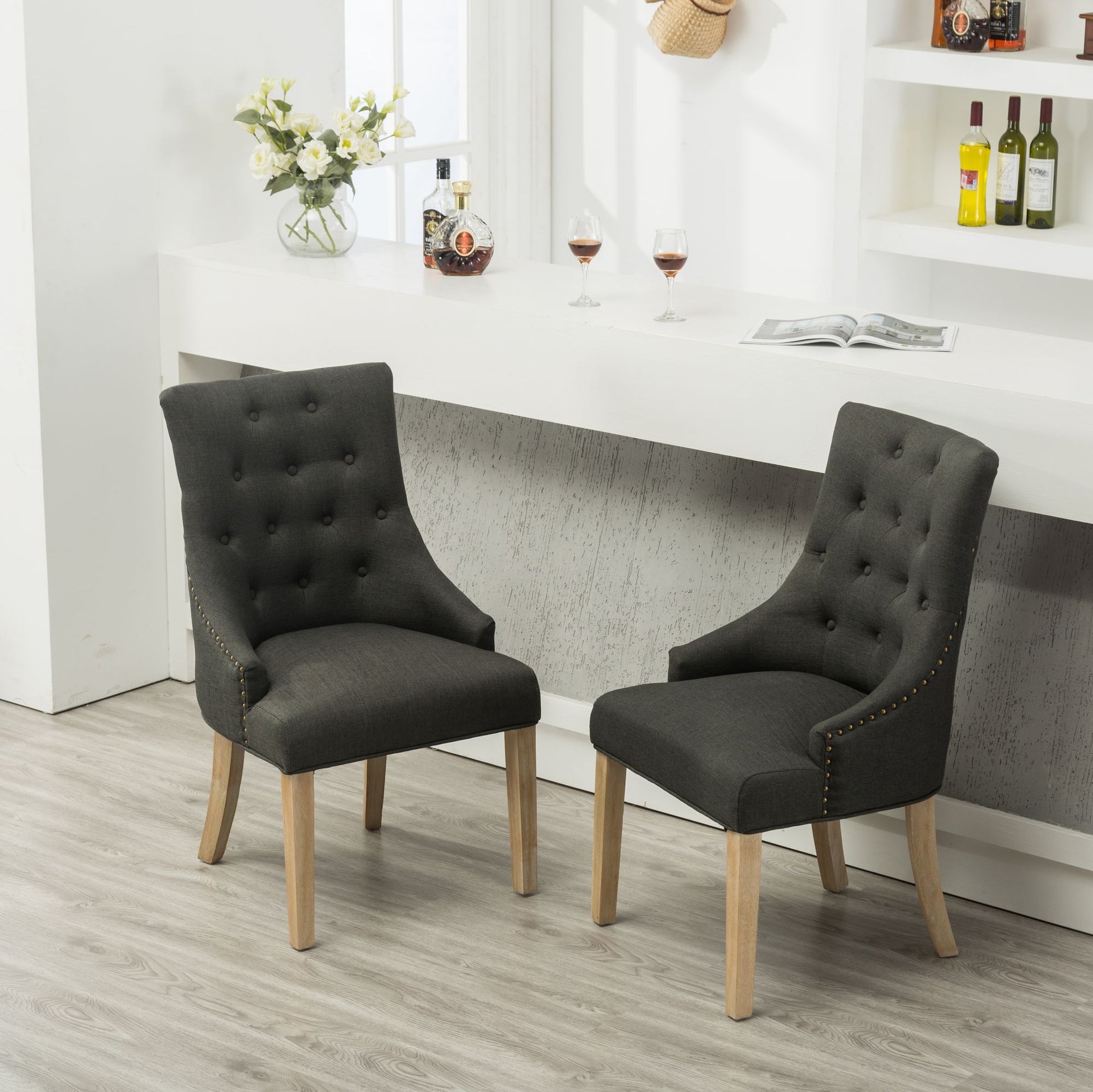 Charcoal Button Tufted Solid Wood Wingback Hostess Chairs with Nail Heads Set of 2 image 3