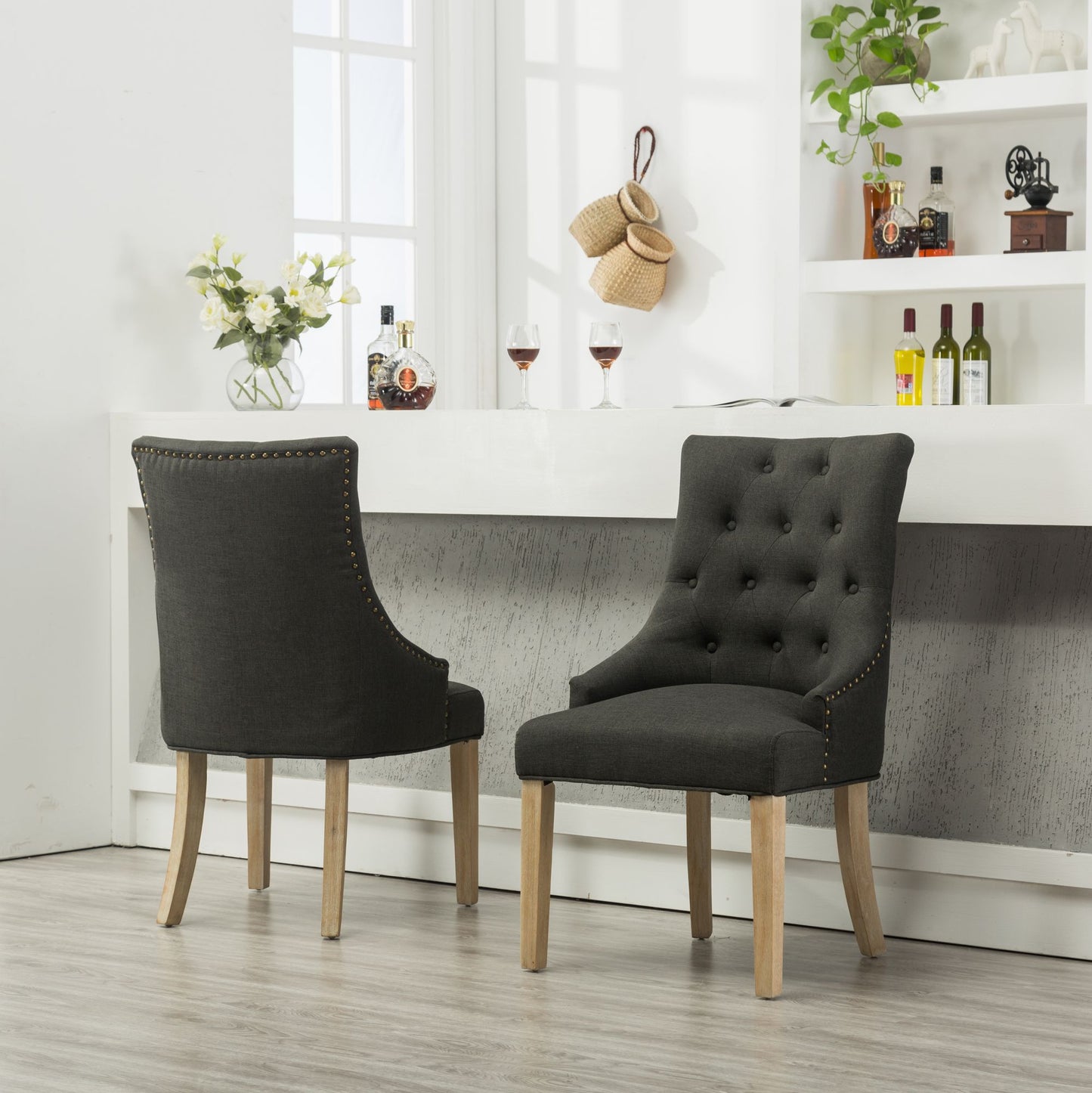 Charcoal Button Tufted Solid Wood Wingback Hostess Chairs with Nail Heads Set of 2 image 2