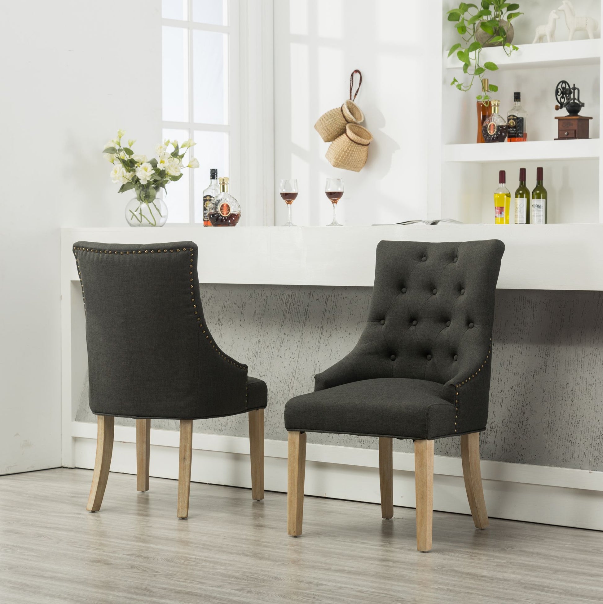 Charcoal Button Tufted Solid Wood Wingback Hostess Chairs with Nail Heads Set of 2 image 2