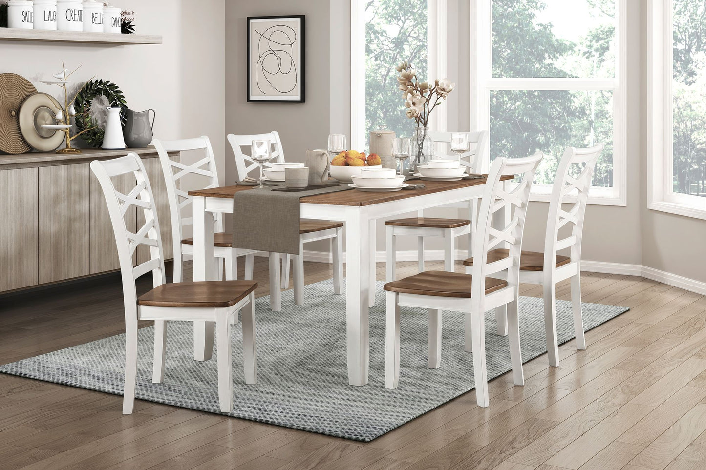 Cherry and White Finish 7pc Dining Set Table and 6 Side Chairs Set Double X-Back Design Wooden Casual Country Style Dini image 1
