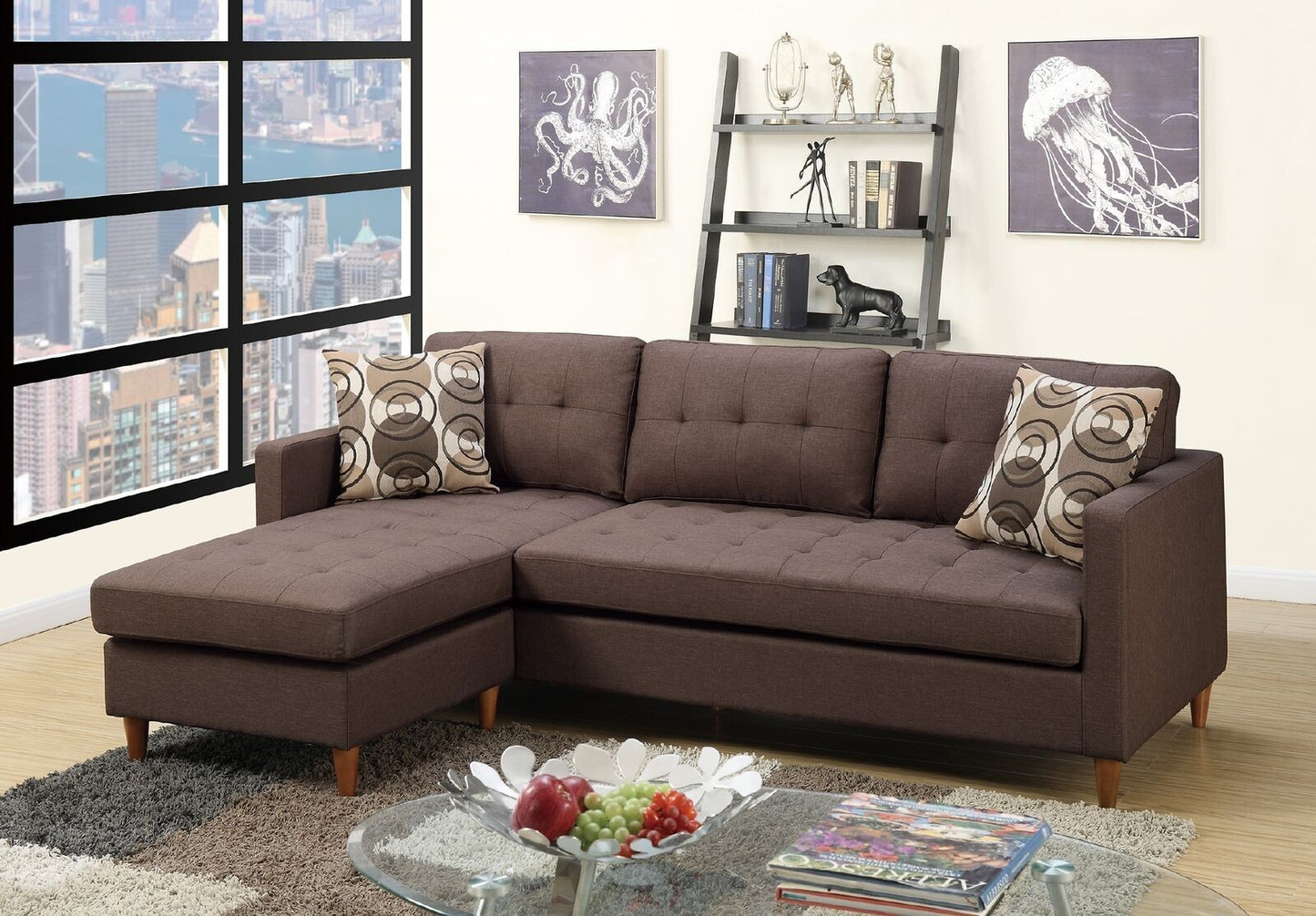 Chocolate Polyfiber Sectional Sofa Living Room Furniture Reversible Chaise Couch Pillows Tufted Back Modular Sectionals image 5