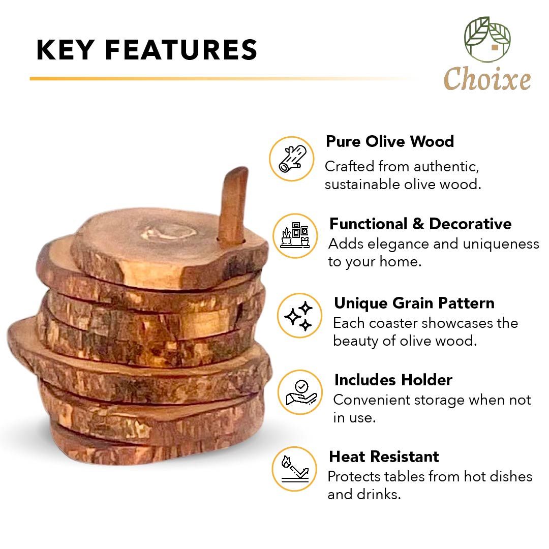 Choixe Hand-Carved Olive Wood Coaster Set with Holder, 7-Piece Heat-Resistant Rustic Drink Coasters for Wooden Table Pro image 3