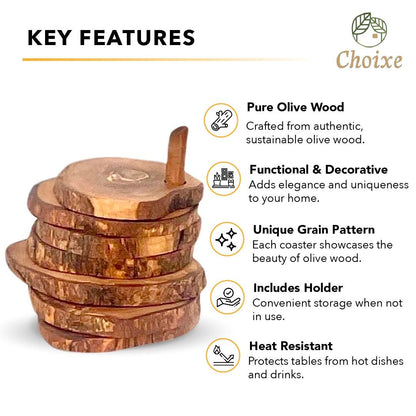 Choixe Hand-Carved Olive Wood Coaster Set with Holder, 7-Piece Heat-Resistant Rustic Drink Coasters for Wooden Table Pro image 3