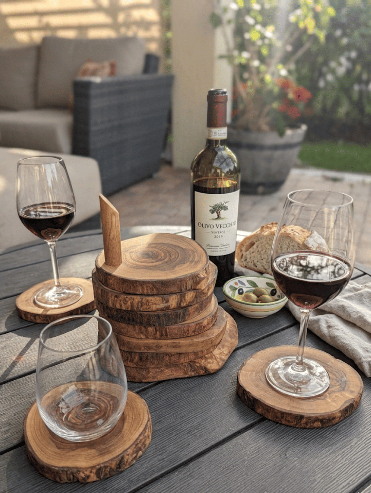 Choixe Hand-Carved Olive Wood Coaster Set with Holder, 7-Piece Heat-Resistant Rustic Drink Coasters for Wooden Table Pro image 8