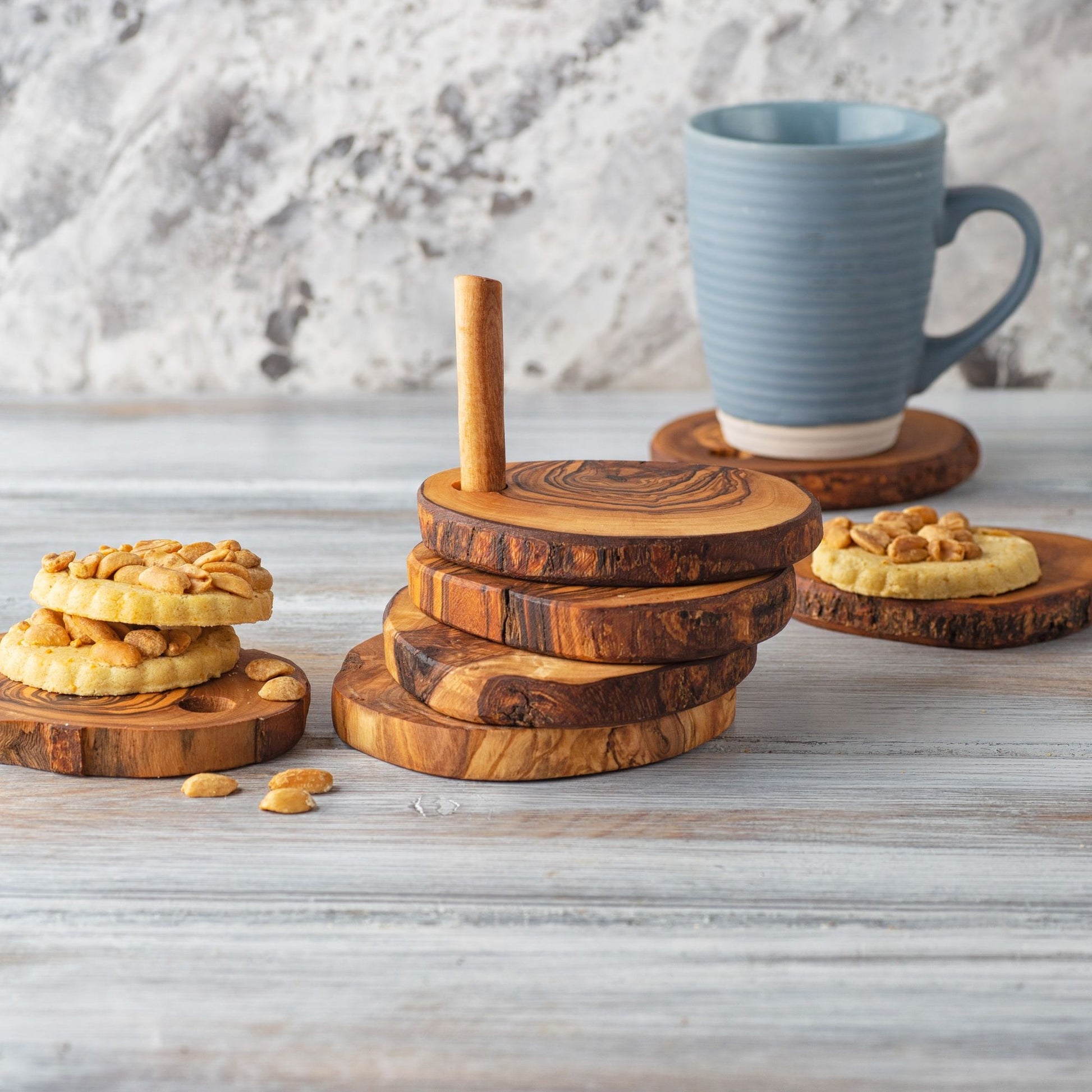 Choixe Hand-Carved Olive Wood Coaster Set with Holder, 7-Piece Heat-Resistant Rustic Drink Coasters for Wooden Table Pro image 7
