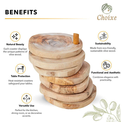 Choixe Hand-Carved Olive Wood Coaster Set with Holder, 7-Piece Heat-Resistant Rustic Drink Coasters for Wooden Table Pro image 4