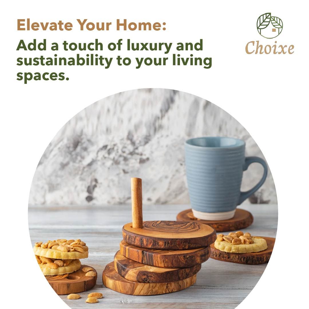 Choixe Hand-Carved Olive Wood Coaster Set with Holder, 7-Piece Heat-Resistant Rustic Drink Coasters for Wooden Table Pro image 5