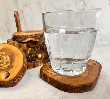 Choixe Hand-Carved Olive Wood Coaster Set with Holder, 7-Piece Heat-Resistant Rustic Drink Coasters for Wooden Table Pro image 9