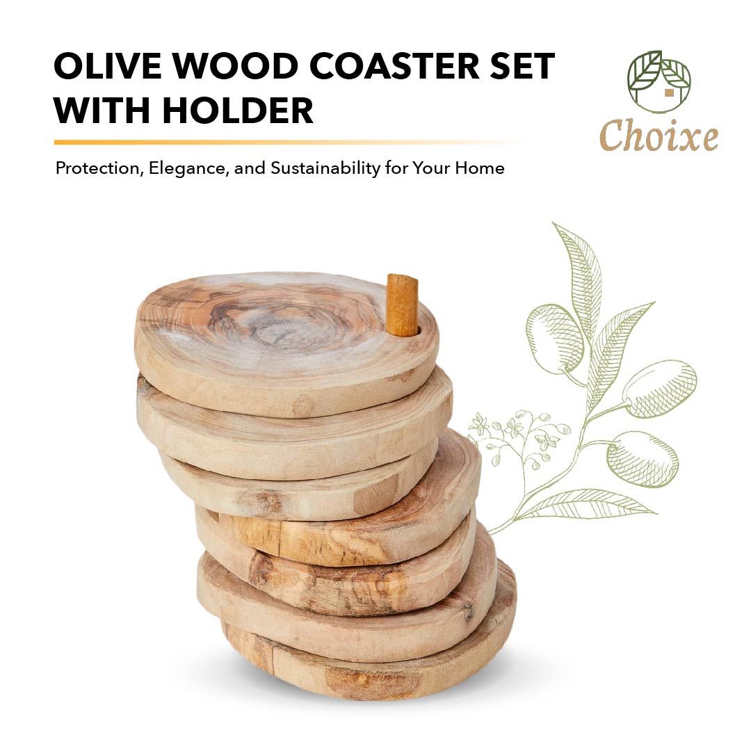 Choixe Hand-Carved Olive Wood Coaster Set with Holder, 7-Piece Heat-Resistant Rustic Drink Coasters for Wooden Table Pro image 2