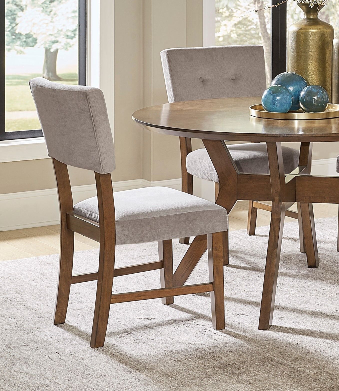 Classic Light Oak Finish Dining Chairs Set of 2 Button-Tufted Gray Upholstery Mid-Century Modern Design Wooden Kitchen D image 2