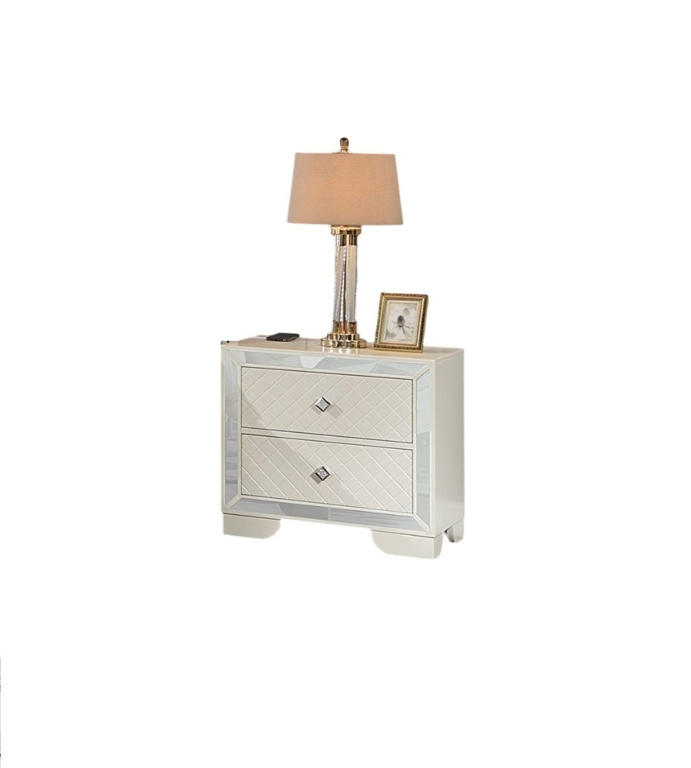 Classic Luxury Look Cream 1pc Nightstand Wooden Bedside Table 2x Drawers w Mirror Glass Panel Bedroom Furniture image 5