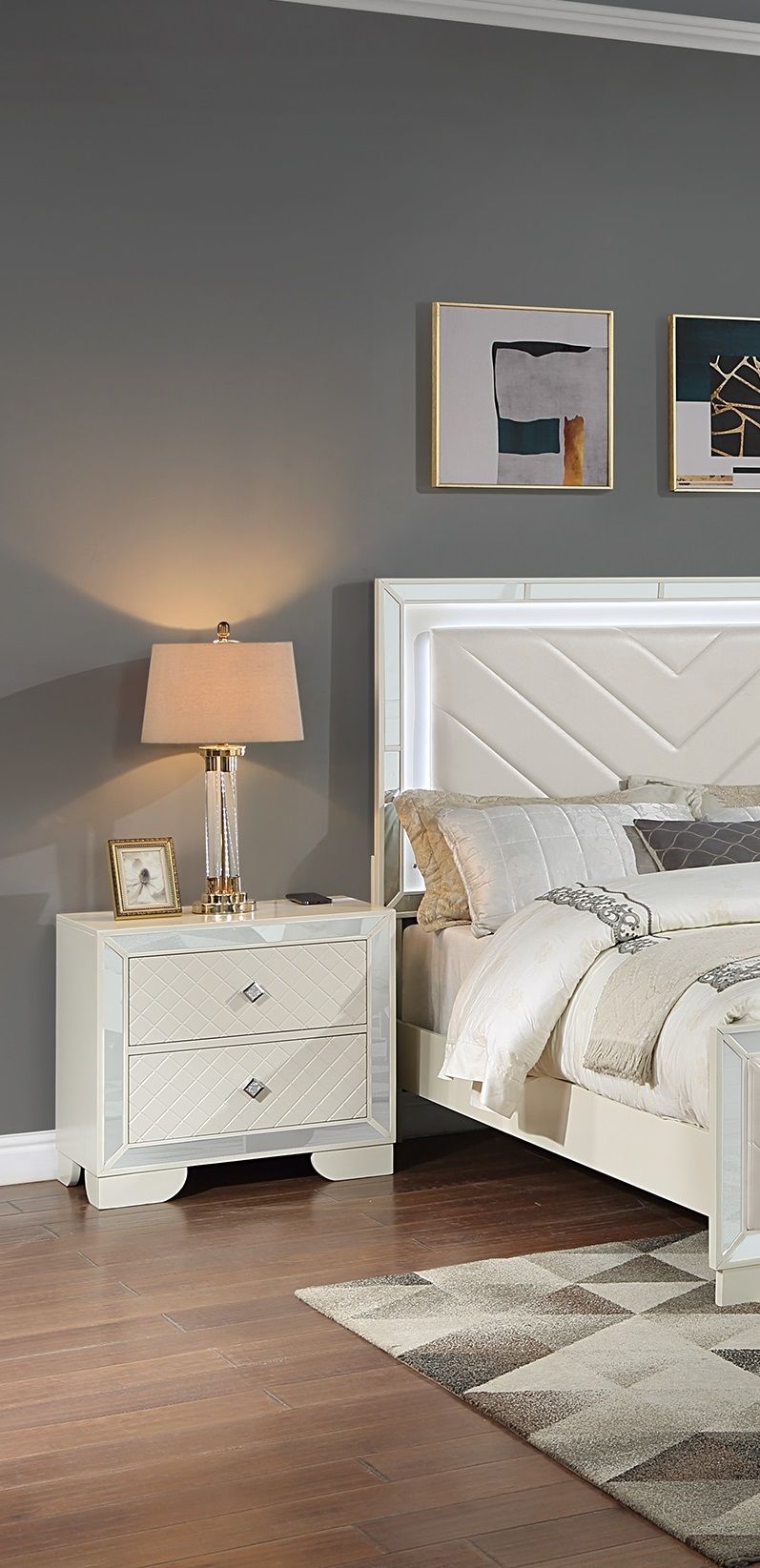 Classic Luxury Look Cream 1pc Nightstand Wooden Bedside Table 2x Drawers w Mirror Glass Panel Bedroom Furniture image 4