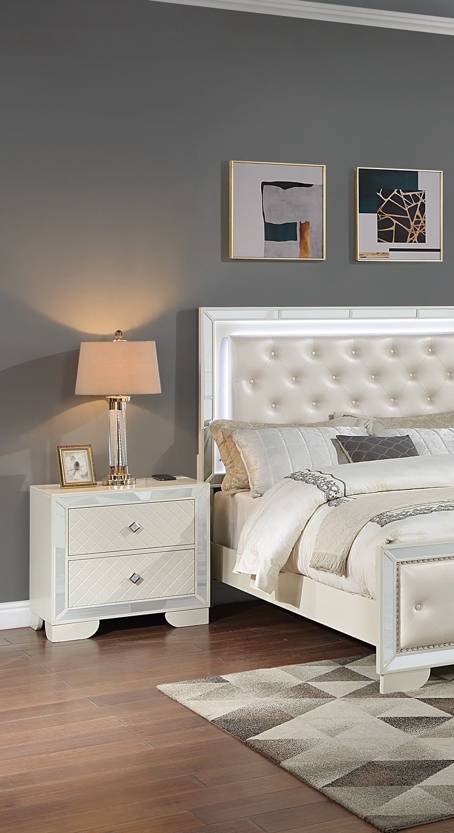 Classic Luxury Look Cream 1pc Nightstand Wooden Bedside Table 2x Drawers w Mirror Glass Panel Bedroom Furniture image 2