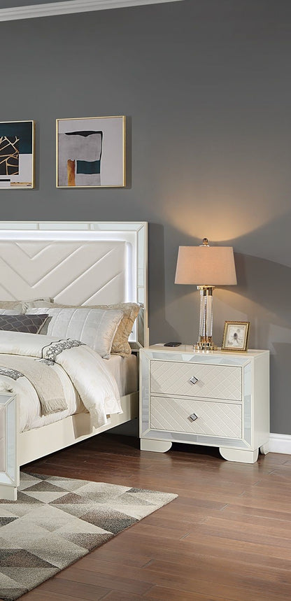 Classic Luxury Look Cream 1pc Nightstand Wooden Bedside Table 2x Drawers w Mirror Glass Panel Bedroom Furniture image 3